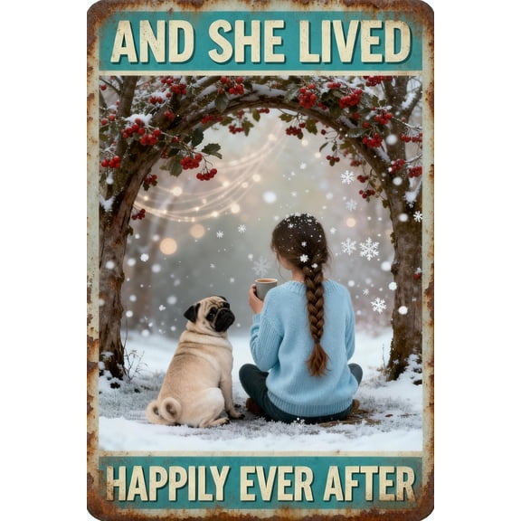 Retro Pug Metal Tin Sign, She Lived Happily, 8 x 12 Inch Wall Decor for Man Cave, Home Bar, Kitchen, Garage