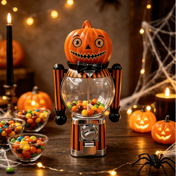 Retro Pumpkin Candy Dispenser Manual Gumball Nutcracker Style Candy Machine Halloween Desktop Decor for Home Party Tabletop Display