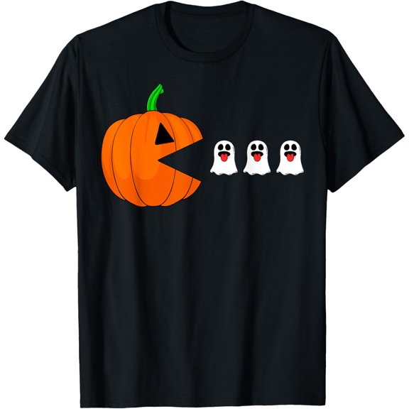 Retro Pumpkin Eating Ghost Boo Costume Gamer Spooky Halloween Tee