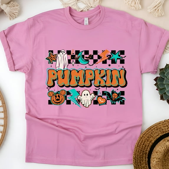 Retro Pumpkin Ghost Tee | Unisex Autumn Graphic Shirt, Azalea, Size XL