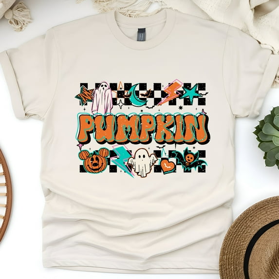 Retro Pumpkin Ghost Tee | Unisex Autumn Graphic Shirt, Natural, Size 2XL
