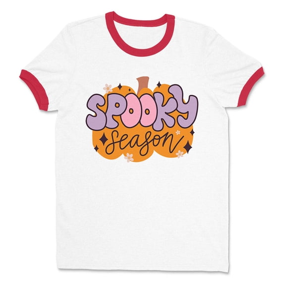 Retro Pumpkin Spooky Season Ringer Tee Shirt Unisex Large White/Red