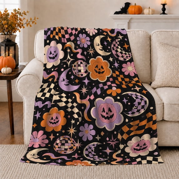 Retro Pumpkins with Moons and Purple Flowers, Playful Halloween Style for Halloween Lovers, Checkerboard Night Motif and Halloween Gift, Cozy Flannel Blanket for Playroom and Bedroom, Home Decor
