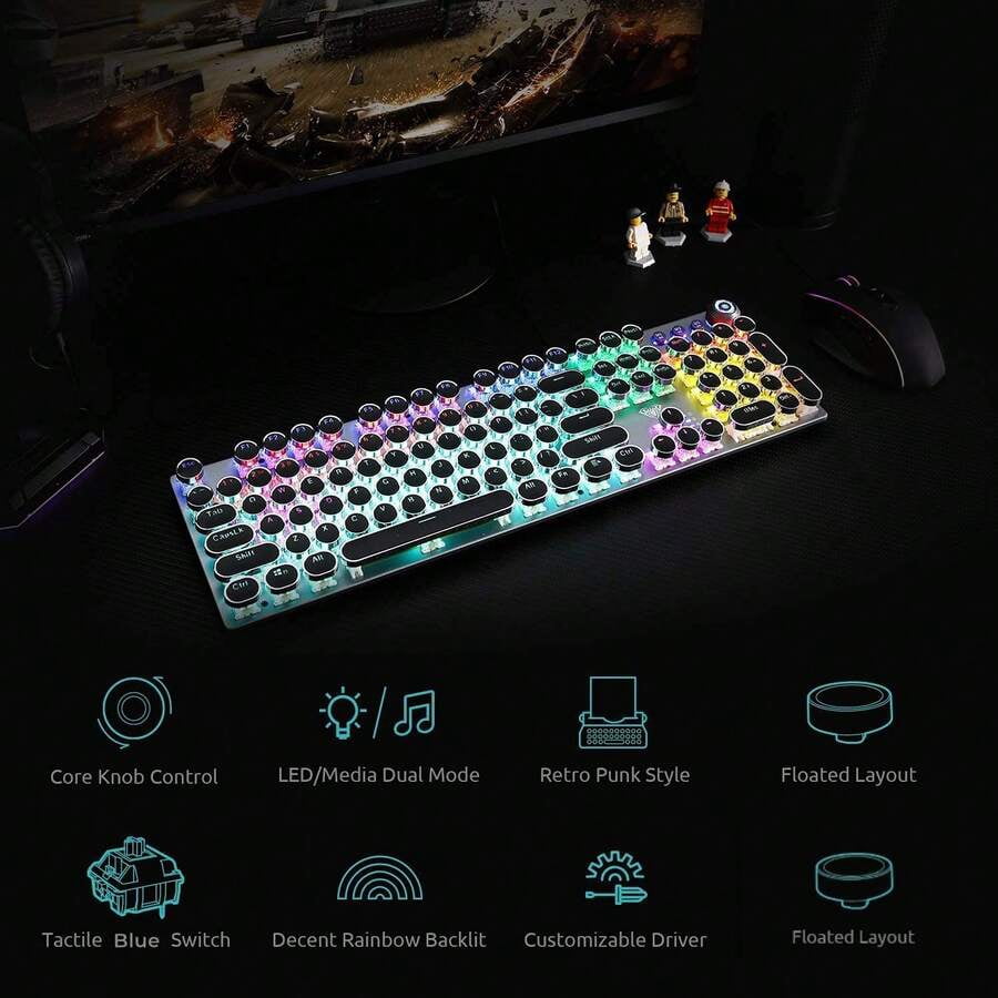Retro Punk Mechanical Keyboard, RGB Backlight, Full Anti-Ghosting, Multifunctional Knob For Office & Gaming