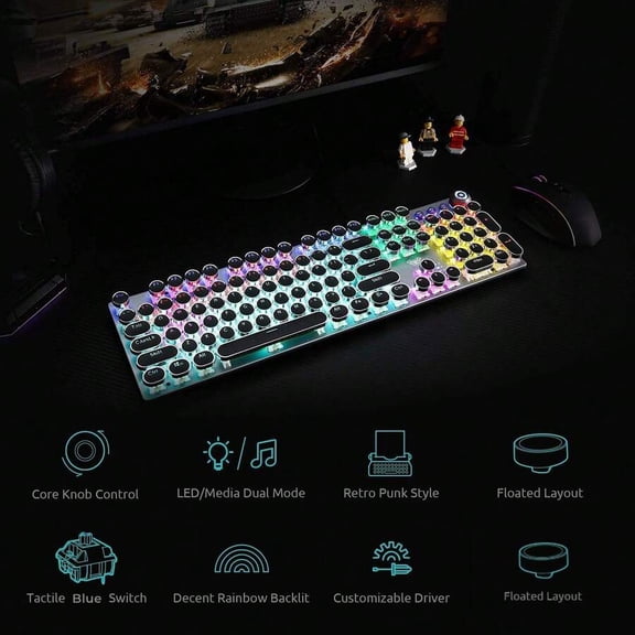 Retro Punk Mechanical Keyboard, RGB Backlight, Full Anti-Ghosting, Multifunctional Knob For Office & Gaming