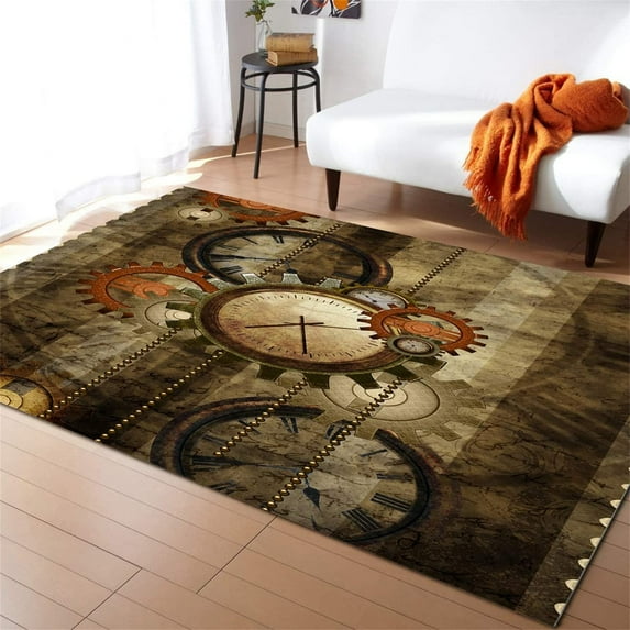 Retro Punk Steam Area Rug, Classic Retro Steampunk Clock Dial, Modern Bar Decor Rug, Suitable For Living Room, Bedroom, Kitchen, Bathroom Non-Slip Easy Care Floor Mat
