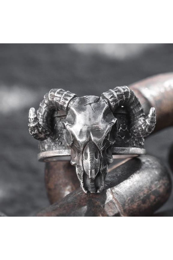Unisex Skull Ring with Horns Adjustable Alloy Devil Ring Electroplated Finish Vintage Retro Look Ox Horn Ring Punk Jewelry Cool Biker Ring Fashion Accessory