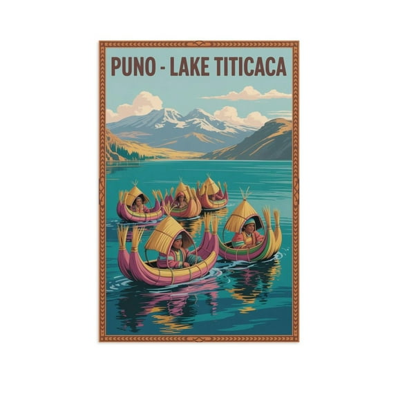 Retro Puno Peru Travel Poster Featuring Traditional Boats And Mountain Views Canvas Poster