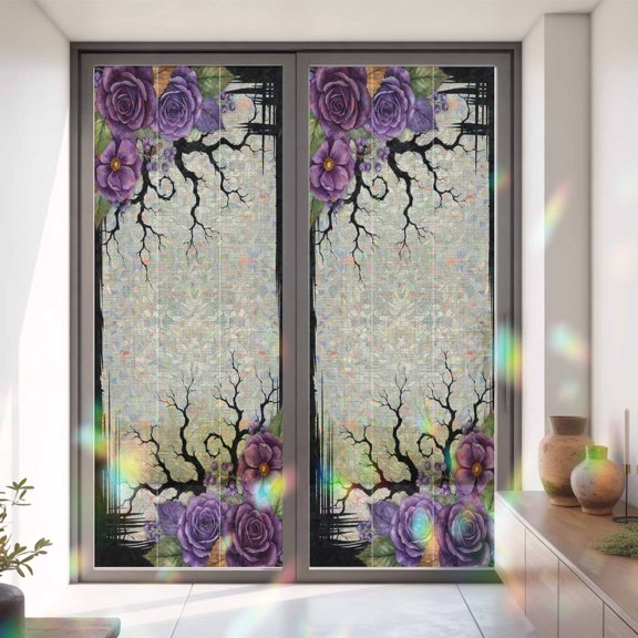 Retro Purple Flower Berry Window Privacy Film,Decorative Windows Static Cling Halloween Tree Branch Retro Linen Heat Control Removable Glass Sticker for Home Bathroom Bedroom Window Door,35x79in