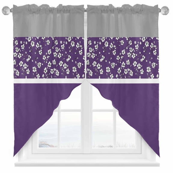 Retro Purple Swag Kitchen Curtain Valances, Gray Floral Striped Pattern Stitching Art Rod Pocket Curtains Window Treatment Decor Valances for Bedroom Bathroom, 2 Panels 36 x 36 Inch
