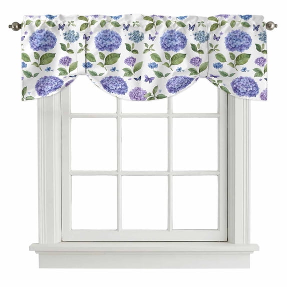 Retro Purple Tie Up Window Valance Hydrangeas Floral Leaf Country Plant Farmhouse Tie-up Valance for Kitchen Windows Adjustable Small Curtain Balloon Shades for Kitchen Bathroom Cafe 54x18inch
