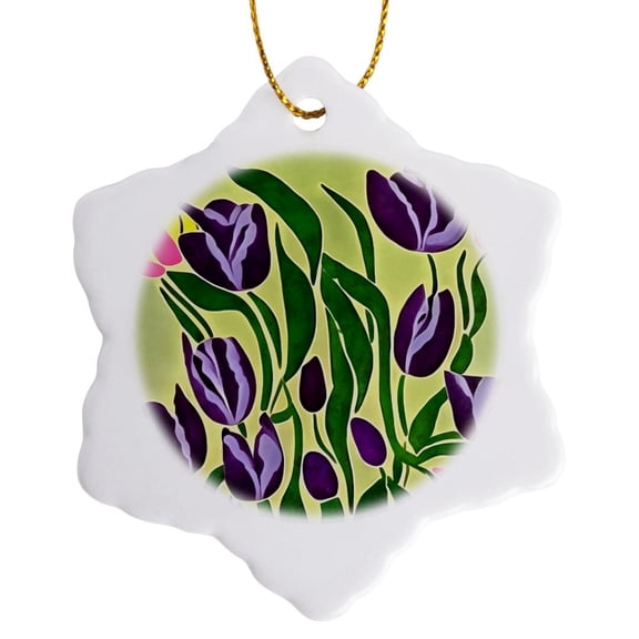 3drose, Retro Purple Tulips Abstract Art, 3 inch Snowflake Porcelain Ornament