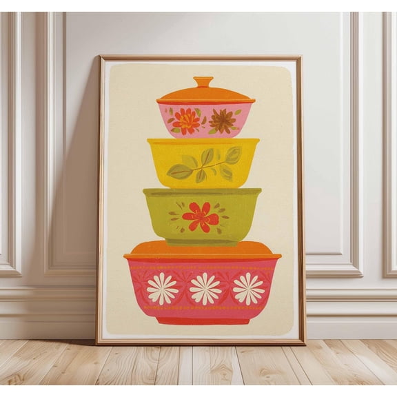 Retro Pyrex Poster, Mid Century Kitchen Wall Art, Unframed Paper Poster 24x36in