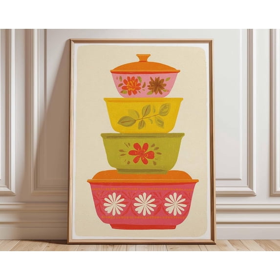 Retro Pyrex Vintage Bowl Stack Wall Art Print, Unframed Paper Poster 16x20in