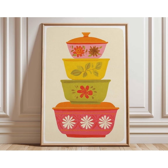 Retro Pyrex Vintage Bowl Stack Wall Art Print, Unframed Paper Poster 8x10in