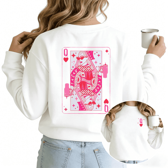 Retro Queen Of Hearts Tumbler Womans Sweatshirt Graphic Sweatshirt White Black S-3XL Card Lover Gift Loose Fit Crew Neck Tops