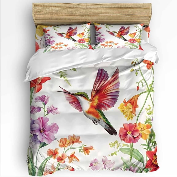 Retro Queen Size Comforter Set, Hummingbird Wildflowers Pastoral Spring Scenery Soft Bedding for All Seasons, 4 Pcs Bed Set with 1Comforter (90"x92") ,1 Sheet(94"x116"), 2 Pillowcases (19"x29")