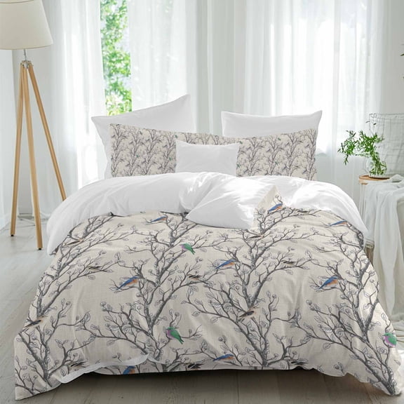 Retro Queen Size Comforter Set, Nature Tree Branches Texture Colored Birds Rustic Linen Bedding for All Seasons, 4 Pcs Bed Set, 1Quiltcover (90"x92") ,1Sheet(94"x116"), 2Pillowcases (30"x20")