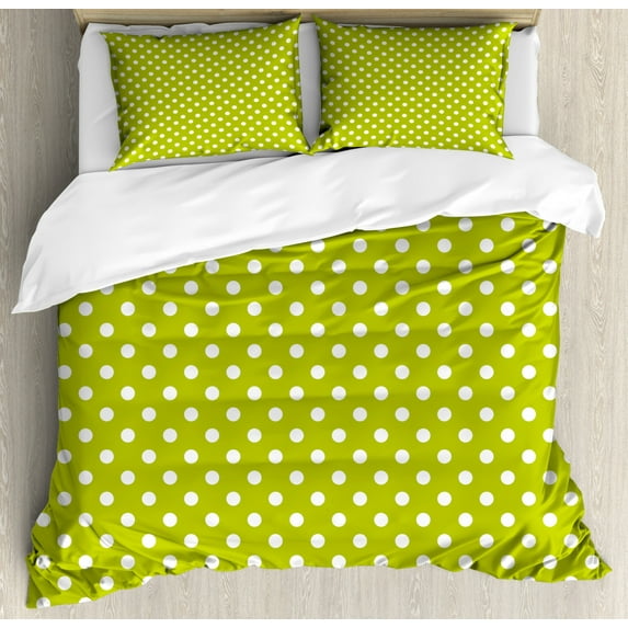 Retro Queen Size Duvet Cover Set, Vintage Old Fashioned 60s 70s Inspired Polka Dots Pop Art Style Art Print, Decorative 3 Piece Bedding Set with 2 Pillow Shams, Lime Green and White, by Ambesonne