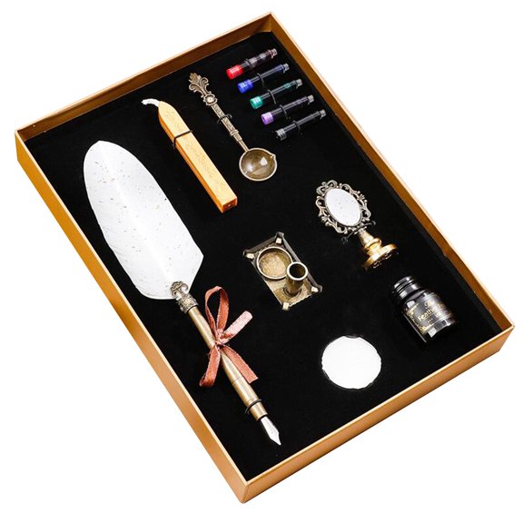 Retro Quill Pen Sets with 5 Ink Sacs/Wax Seal Stick/Seal Stamp/Spoon/Pen Holder