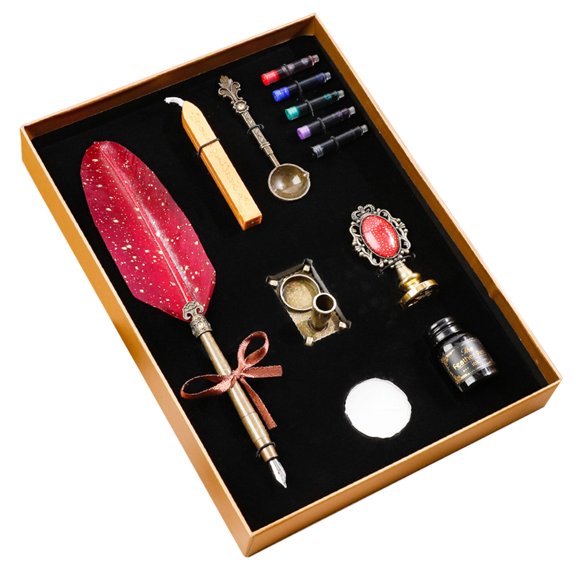 Retro Quill Pen Sets with 5 Ink Sacs/Wax Seal Stick/Seal Stamp/Spoon/Pen Holder