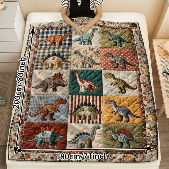 Retro Quilted Dinosaur Flannel Throw Blanket | Soft Warm Comfortable for Bedroom, Living Room, Car | Machine Washable