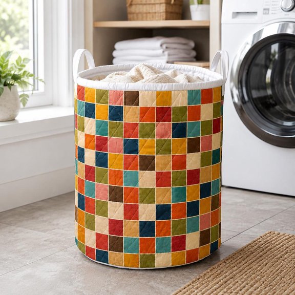 Retro Quilted Laundry Hamper, Patchwork Storage Basket, Mid Century Modern Decor