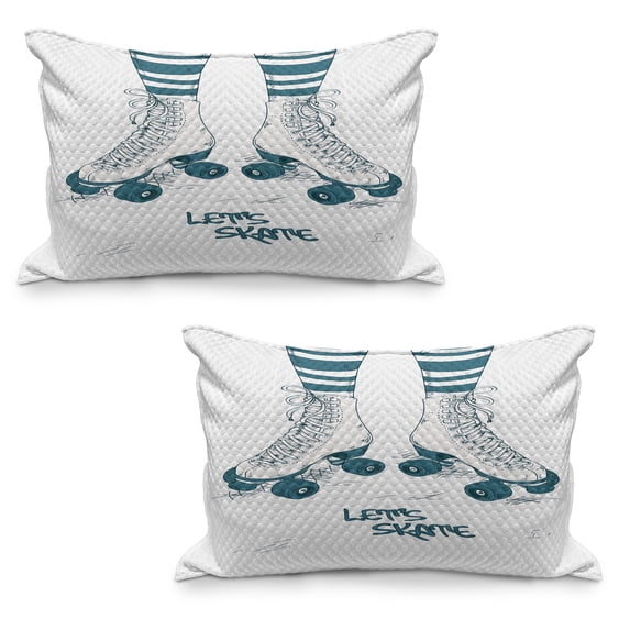 Retro Quilted Pillowcover Set of 2, Girl's Legs in Stripes Stockings and Retro Roller Skates Fun Teen Illustration Print, Standard Queen Size Pillow Cover Bedroom, 30" x 20", Teal White, by Ambesonne