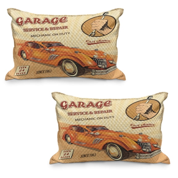 Retro Quilted Pillowcover Set of 2, Vintage Garage Advertising Worn Print with Engines and Mechanical , Standard Queen Size Pillow Cover for Bedroom, 30" x 20", Orange Cream Red, by Ambesonne