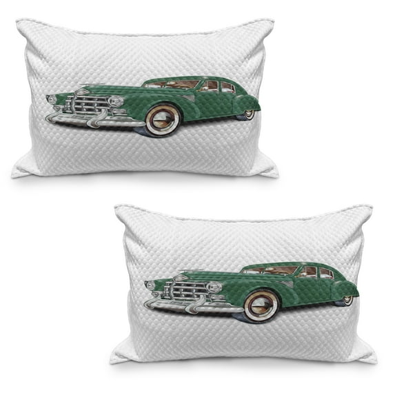 Retro Quilted Pillowcover Set of 2, Vintage Inspirations Classical Car Illustration on Plain Background Print, Standard Queen Size Pillow Cover Bedroom, 36" x 20",est Green and White, by Ambesonne