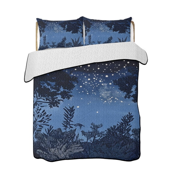 Retro Quilts Bedding Set Twin Size Starry Sky Night Forest Tree Shadows Pastoral Lightweight Quilted Bedspread 3 Piece Bed Quilt with 2 Pillow Shams All Season for Bedroom 68" x 86"
