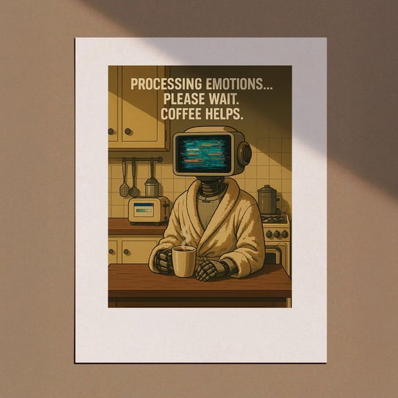 Retro Quote Print, Processing Emotions Coffee Helps, Café Office Decor, Futuristic Robot Coffee Lover Ai Poster, Sci-Fi Wall Art, Wall Art, Modern Wall Decor, 8x12 UNFRAMED