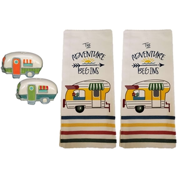 Retro RV Camping Adventure Tea Towels And Salt Pepper Shakers 4pc Set