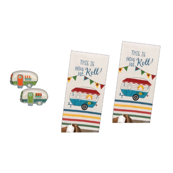Retro RV Camping How We Roll Tea Towels And Salt Pepper Shakers 4pc Set
