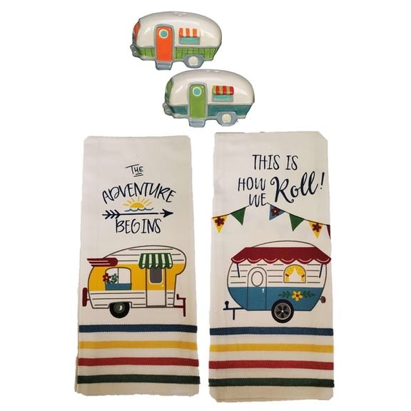 Retro RV Camping Tea Towel And Salt Pepper Shakers 4pc Set