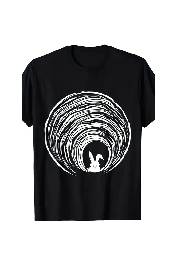 Retro Rabbit Hole Graphic Cotton Tee, Conspiracy Rabbit Vortex Spiral Theory Crew Neck Birthday Casual Wear Shirt