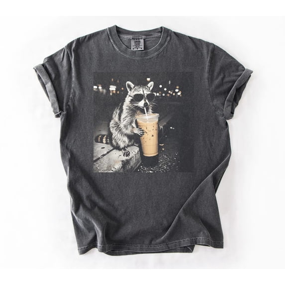 Retro Raccoon Drinking Iced Coffee Shirt | Funny Animal Meme Tee | Coffee Lover Raccoon Shirt | Unisex Graphic T Shirt