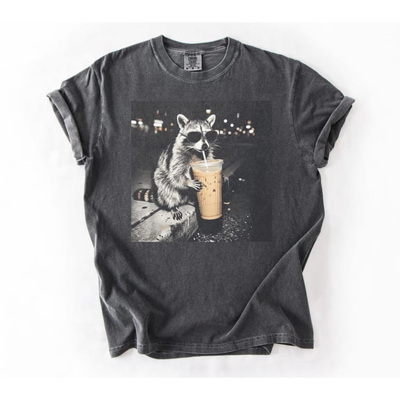 Retro Raccoon Drinking Iced Coffee Shirt | Funny Animal Meme Tee | Coffee Lover Raccoon Shirt | Unisex Graphic T Shirt