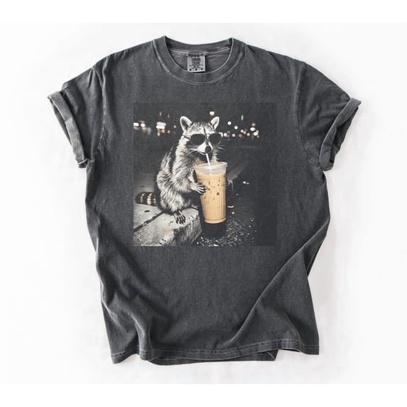 Retro Raccoon Drinking Iced Coffee Shirt | Funny Animal Meme Tee | Coffee Lover Raccoon Shirt | Unisex Graphic T Shirt