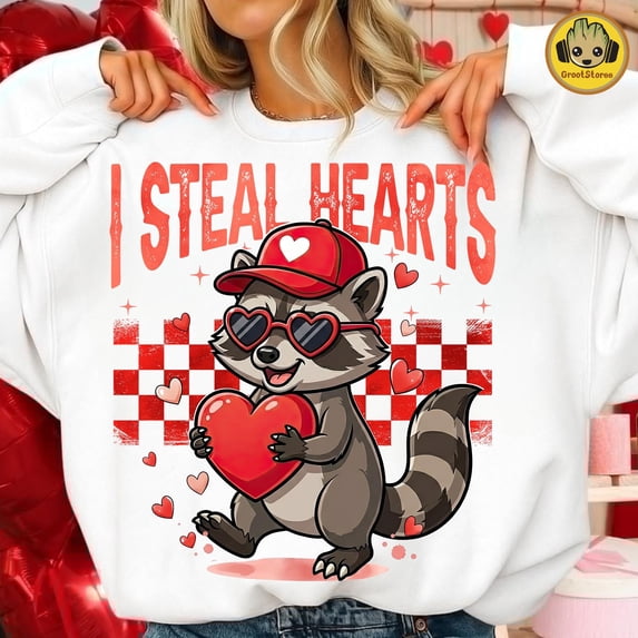 Retro Raccoon Graphic Sweatshirt with Cute I Steal Hearts Design for Trendy Valentine Style