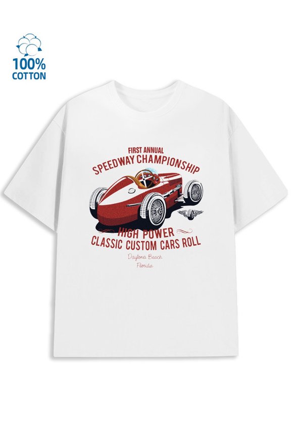 Retro Racecar Tee mens garage 180G 100% Cotton white on the back garage Trendy Unisex Shirt Cotton tshirts Retro Unisex Shirt Printed tshirts Casual Unisex Shirt Crewneck tshirts