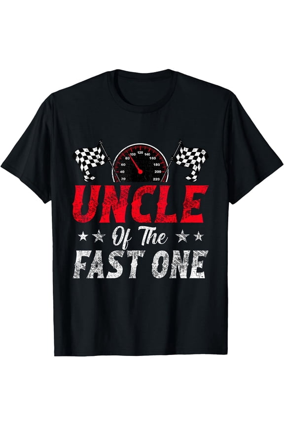 Retro Racing Uncle Of The Fast One T-Shirt - Vintage Speedometer Graphic Tee for Men - Funny Family Birthday Party Apparel - Distressed Checkered Flag Design
