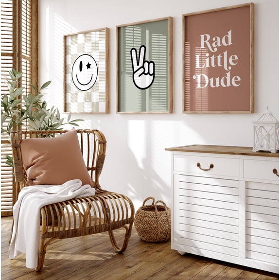Retro Rad Little Dude Beach Nursery Checkered Smiley Baby Boys Toddler Shared Room Newborn Peace Classic Art Poster, Set 3, Poster Only