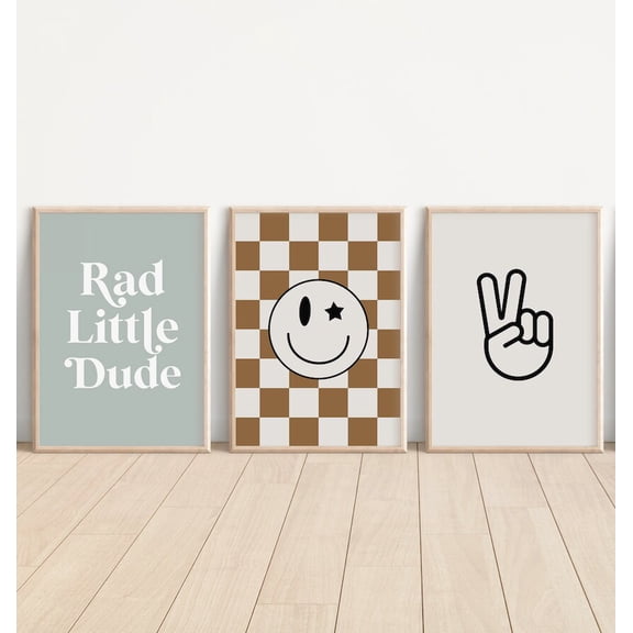 Retro Rad Little Dude Beach Nursery Checkered Smiley Baby Boys Toddler Shared Room Newborn Peace Poster, Set 3, Poster Only