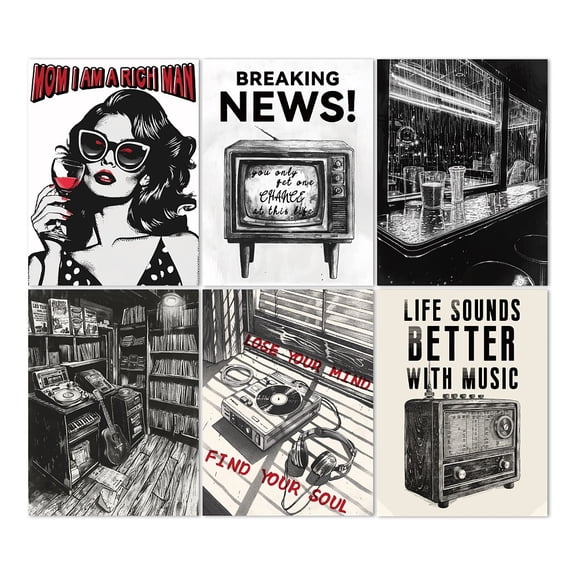 Retro Radio Wall Art Prints Set of 6 Vintage TV Poster Black White Wall Decor Home Artworks