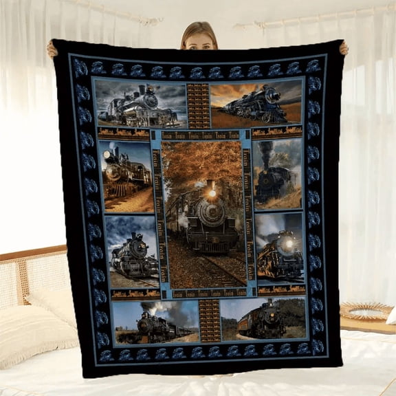Retro Rail Train Printed Blanket, All Over Print Railway Locomotive Theme Throw for Bed Couch Sofa, Vintage Train Bedding Decor, Gift Idea for Train Lovers