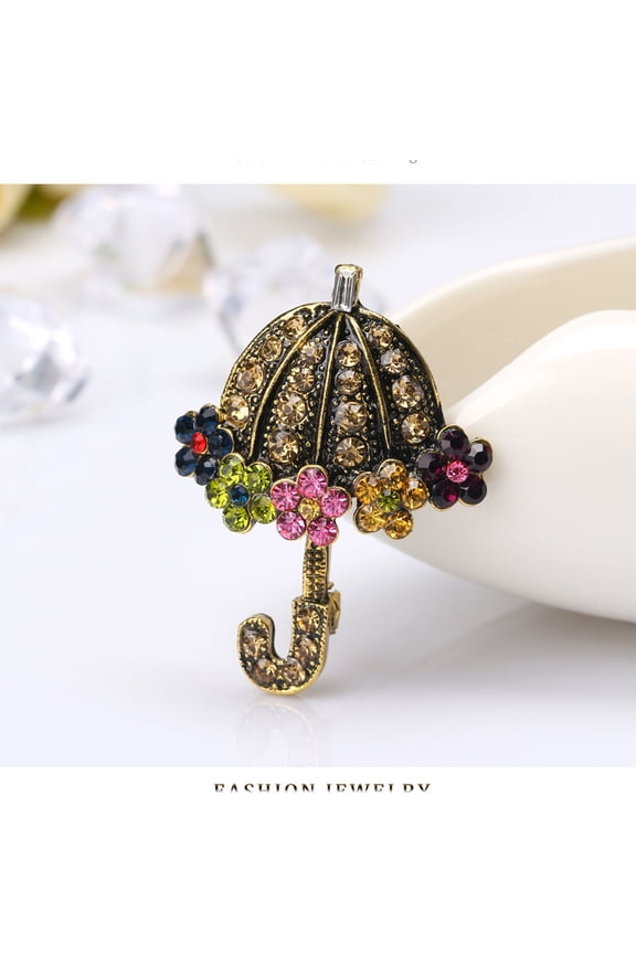 Retro Rain Umbrella Brooch 3.2x4.2cm Sparkling Crystal Statement Pin for Blazers Cardigans Womens Fashion Jewelry Christmas Gift