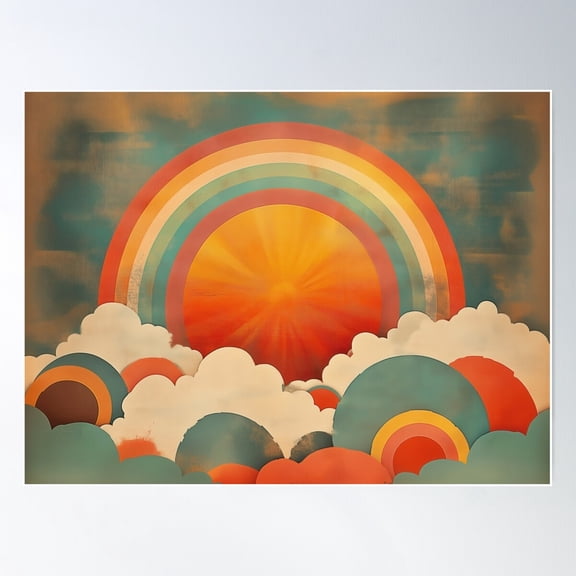 Retro Rainbow And Sunburst Art - Vintage 70S Cloudscape Design Poster Wall Art, Modern Wall Decor For Living Room Bedroom, 8x12 UNFRAMED