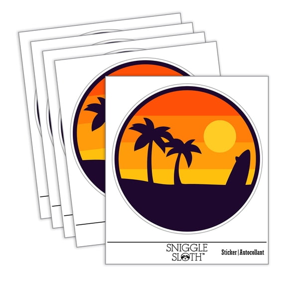 Retro Rainbow Beach Sunset Palm Trees Surfboard Car Window Bumper Water Bottle Phone Tablet Laptop Waterproof Vinyl Decal Sticker Set 5-Pack - Gloss Finish - 2.0"