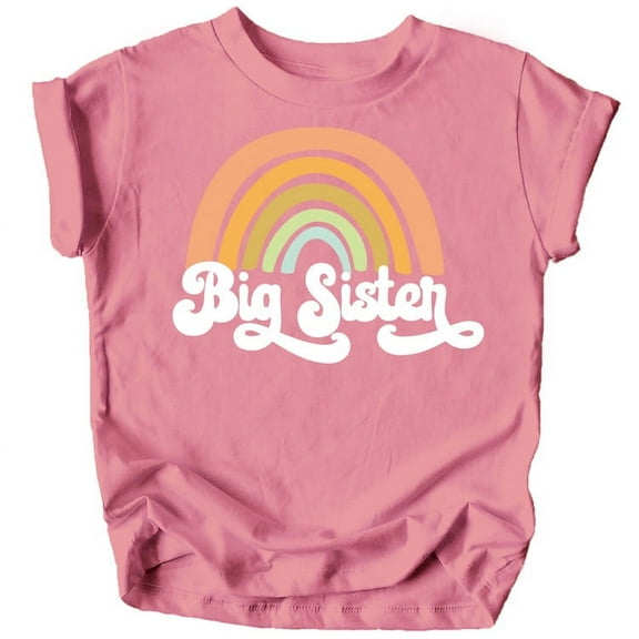 Retro Rainbow Big Sister Sibling Reveal Announcement Shirt for Baby and Toddler Girls Sibling Outfits Mauve Shirt 12 Months